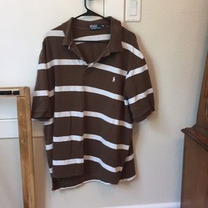 Polo by Ralph Lauren, brown striped shirt sleeve.